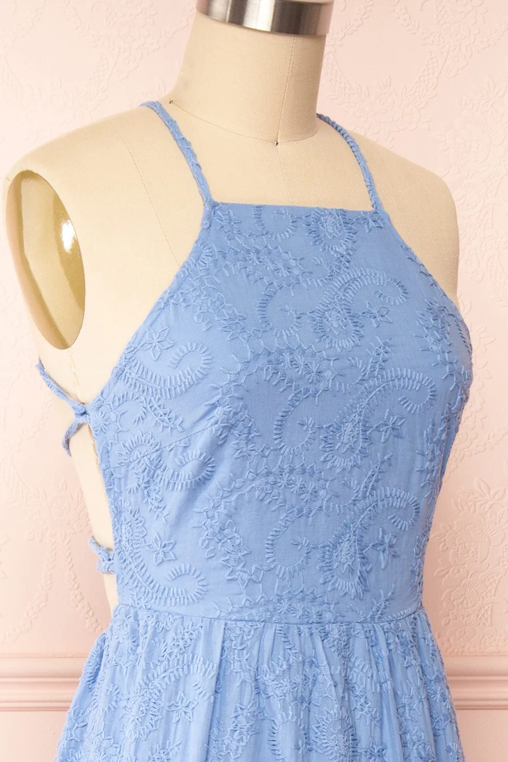 Sangarios | Blue Midi Dress w/ Floral Embroidery