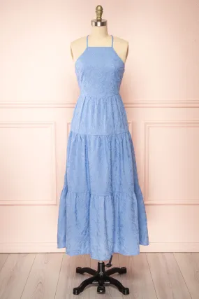Sangarios | Blue Midi Dress w/ Floral Embroidery