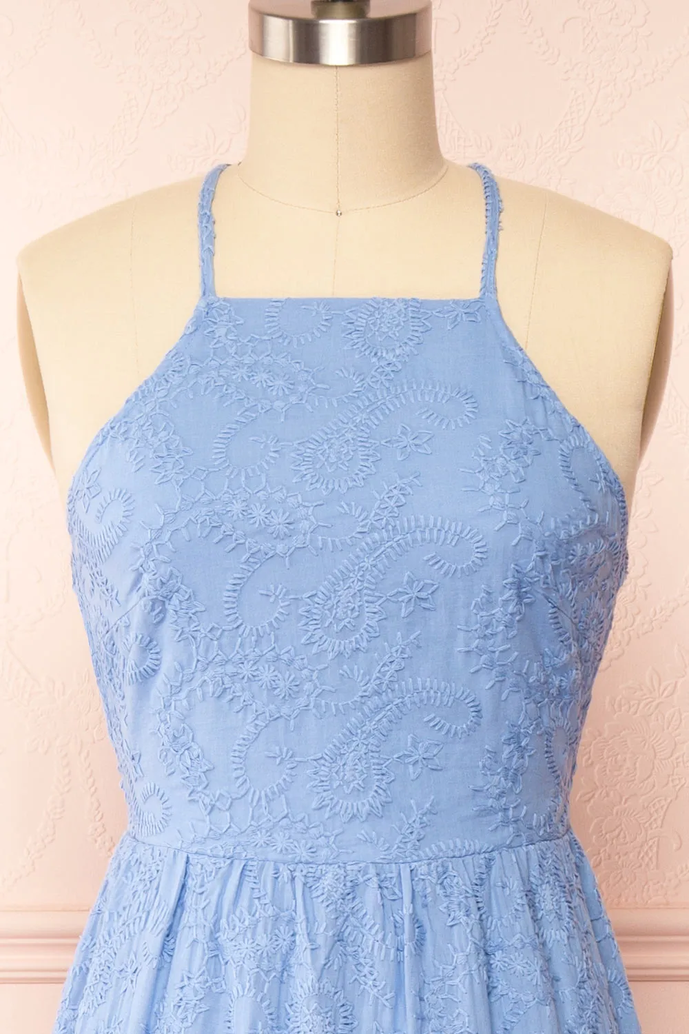 Sangarios | Blue Midi Dress w/ Floral Embroidery