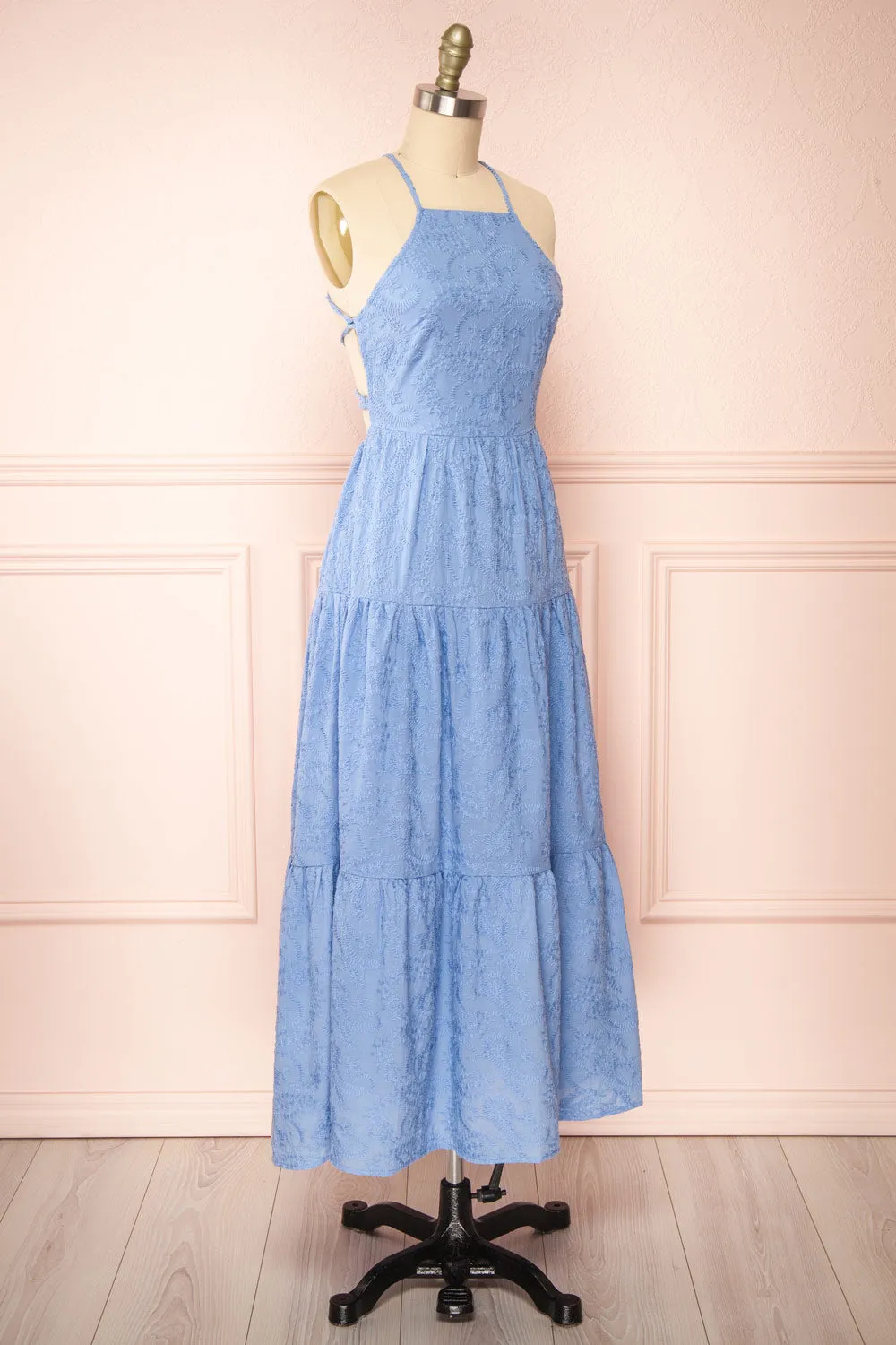 Sangarios | Blue Midi Dress w/ Floral Embroidery
