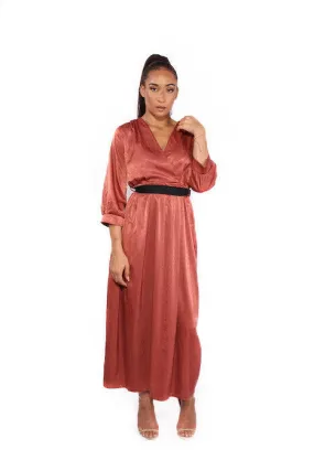 Satin Orange Tie Waist Long Sleeve Maxi Dress