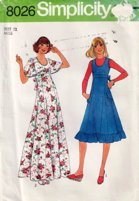 Simplicity 8026 Womens Flutter Sleeved Maxi Dress & High Waisted Ruffled Jumper Dress 1970s Vintage Sewing Pattern Size 12 Bust 34 inches UNCUT Factory Folded