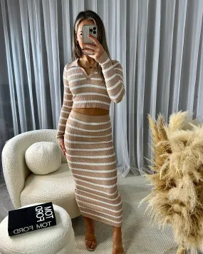 Siya V Neck Collared Top & Skirt Two Piece Set - Mocha