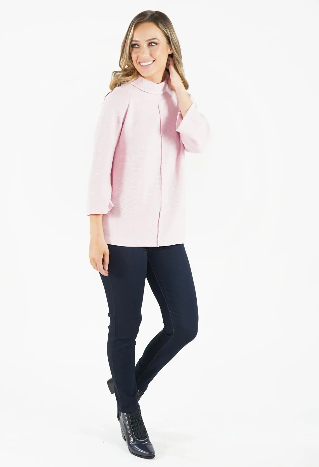 Soft Rose Roll Neck Ribbed Knit
