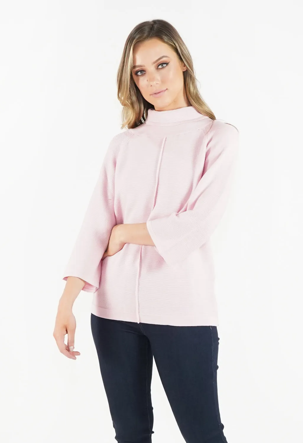 Soft Rose Roll Neck Ribbed Knit