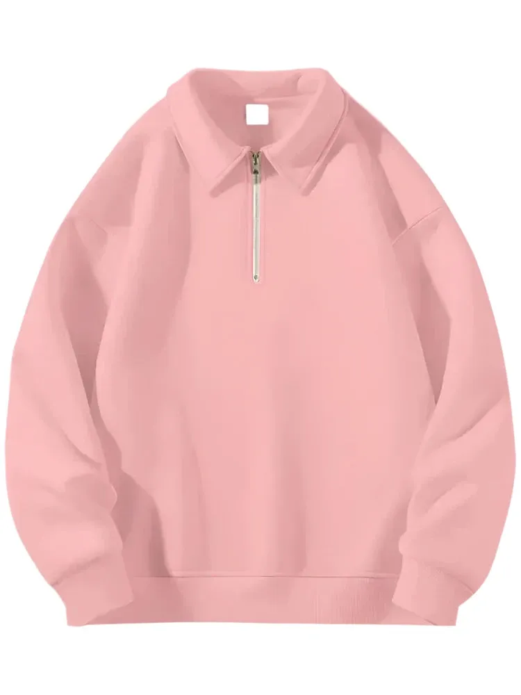 Solid Color Simple Casual Women Hoodies Thick Chicly Zipper Polo Neck Loose Pullover 6-colors Fashion Top Female Hoodies