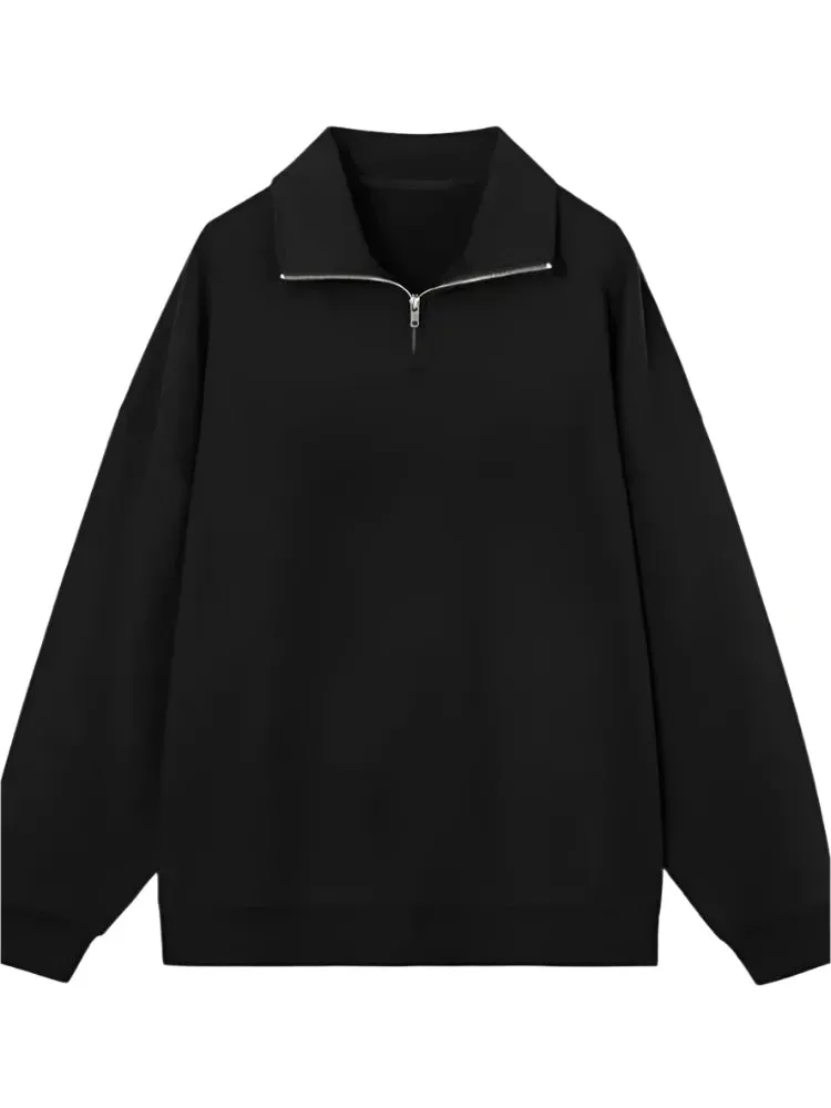 Solid Color Simple Casual Women Hoodies Thick Chicly Zipper Polo Neck Loose Pullover 6-colors Fashion Top Female Hoodies