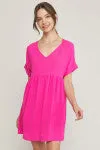 Solid textured v-neck short sleeve babydoll dress