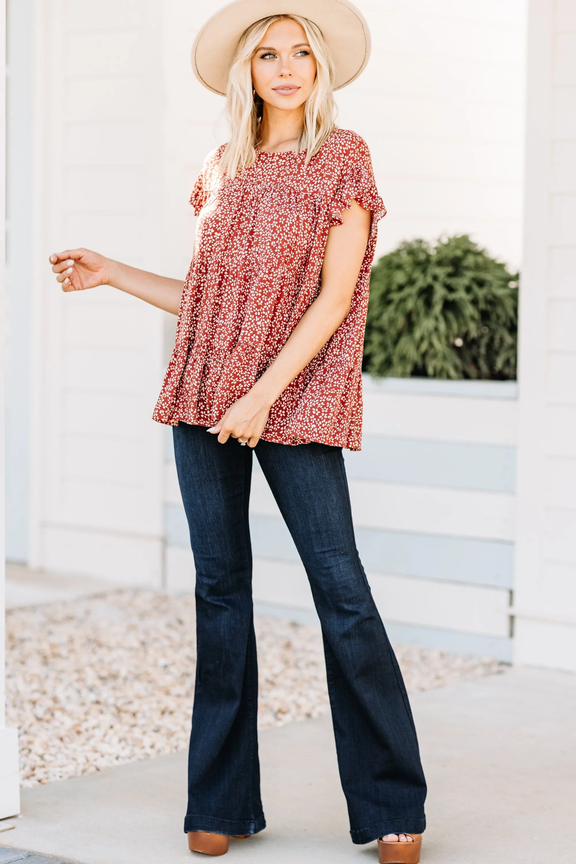 Stay Focused Rust Red Ditsy Floral Top