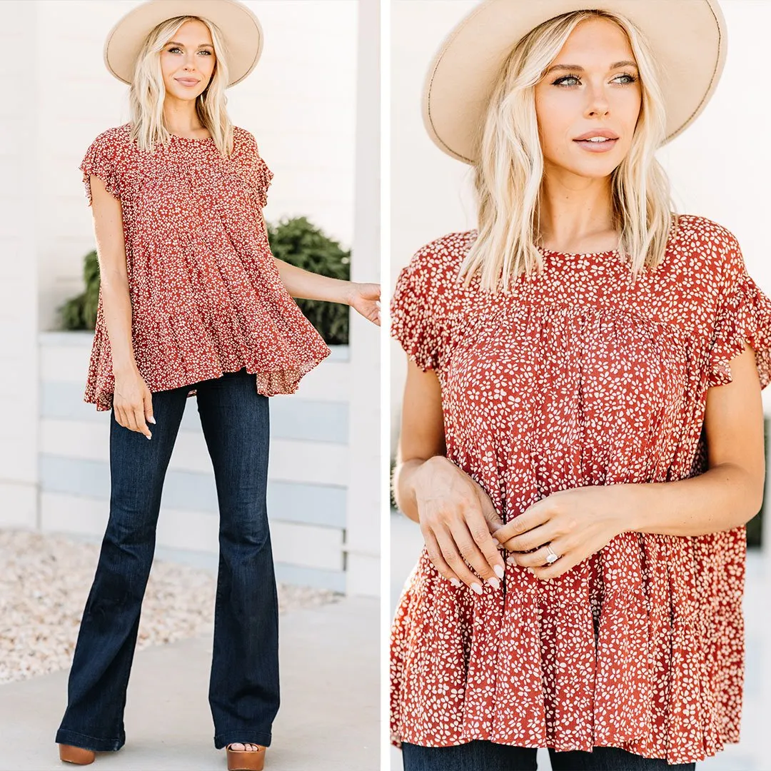 Stay Focused Rust Red Ditsy Floral Top