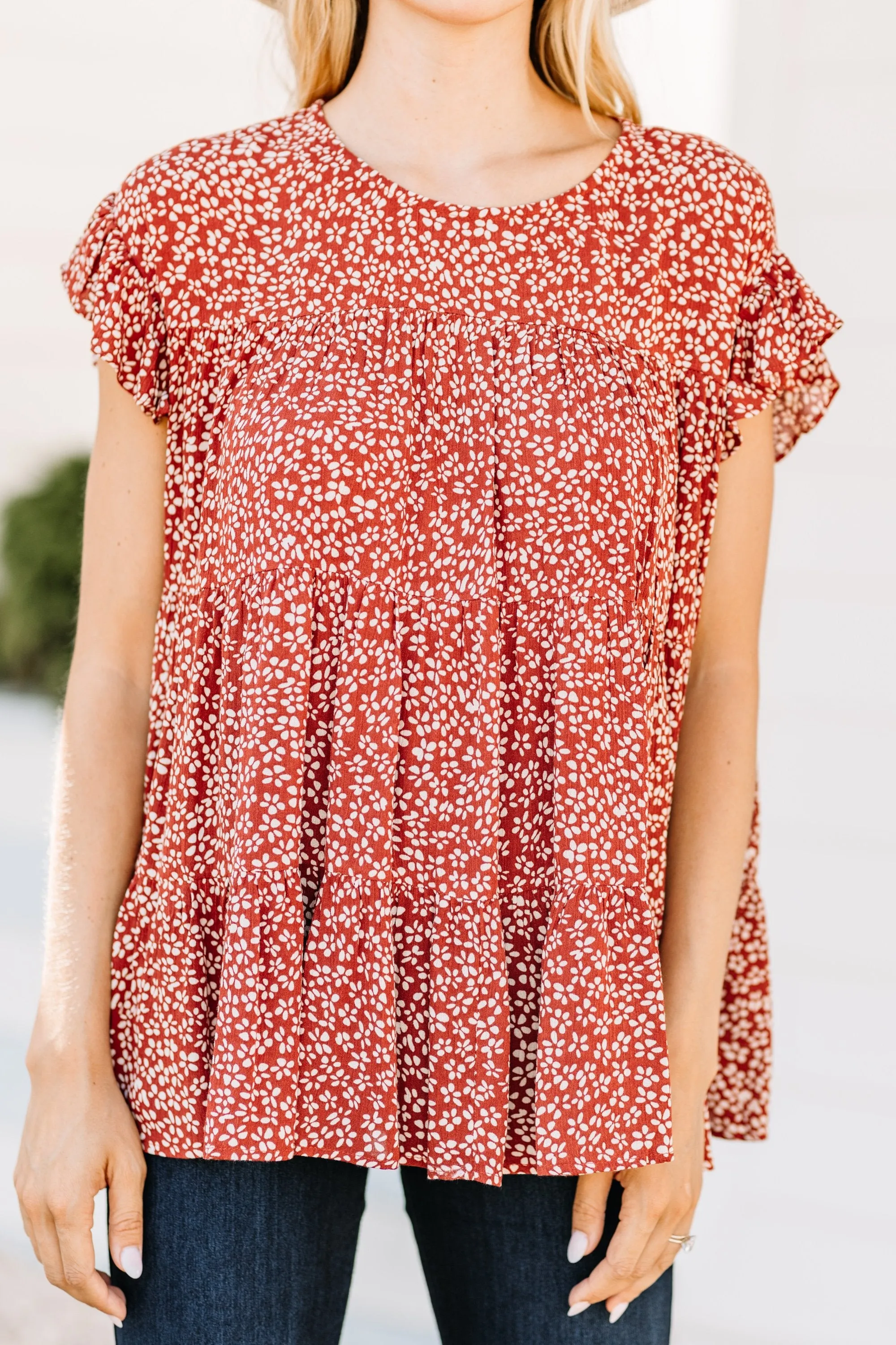 Stay Focused Rust Red Ditsy Floral Top