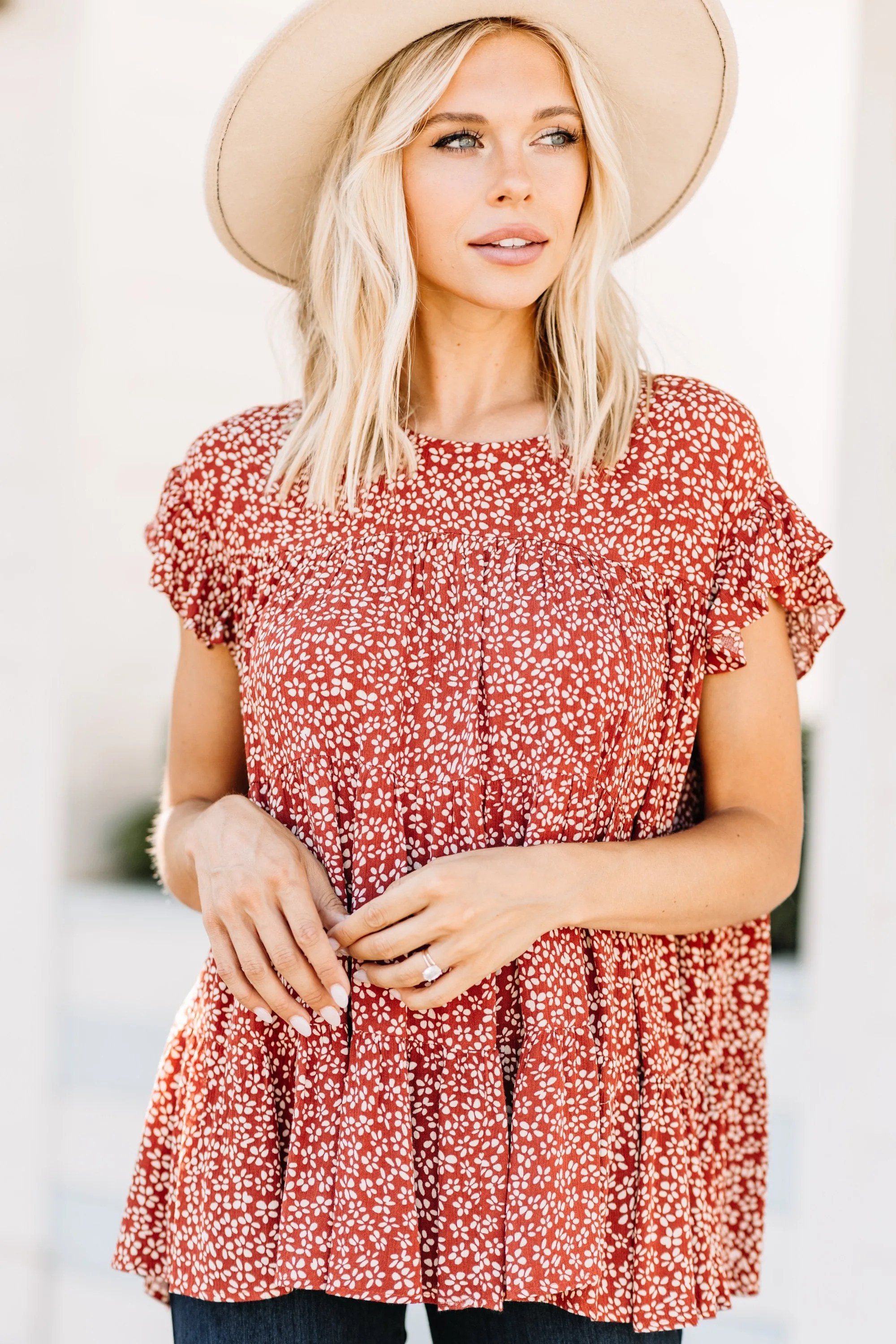 Stay Focused Rust Red Ditsy Floral Top