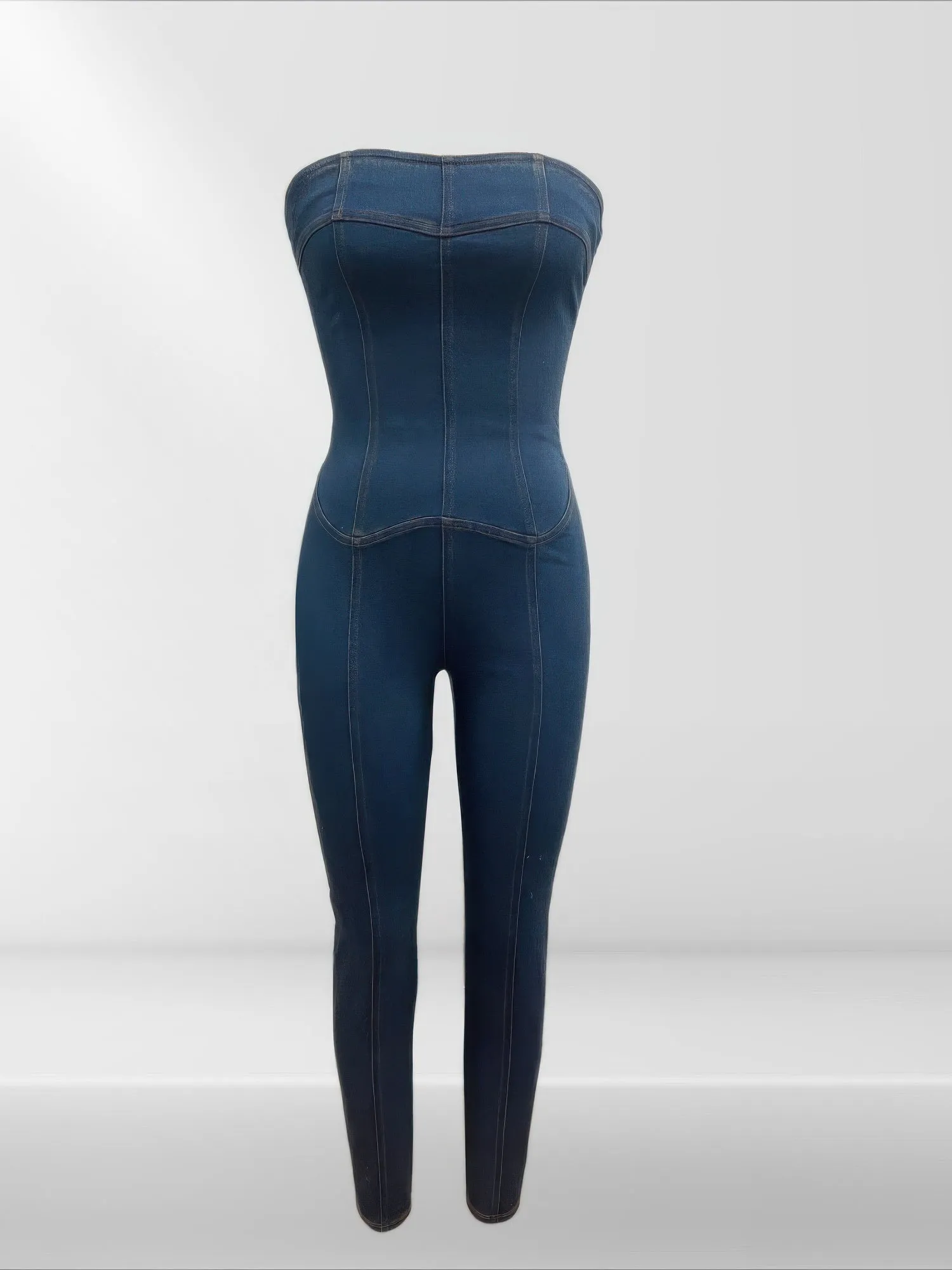 Strapless Denim Jumpsuit With Lace Up Back