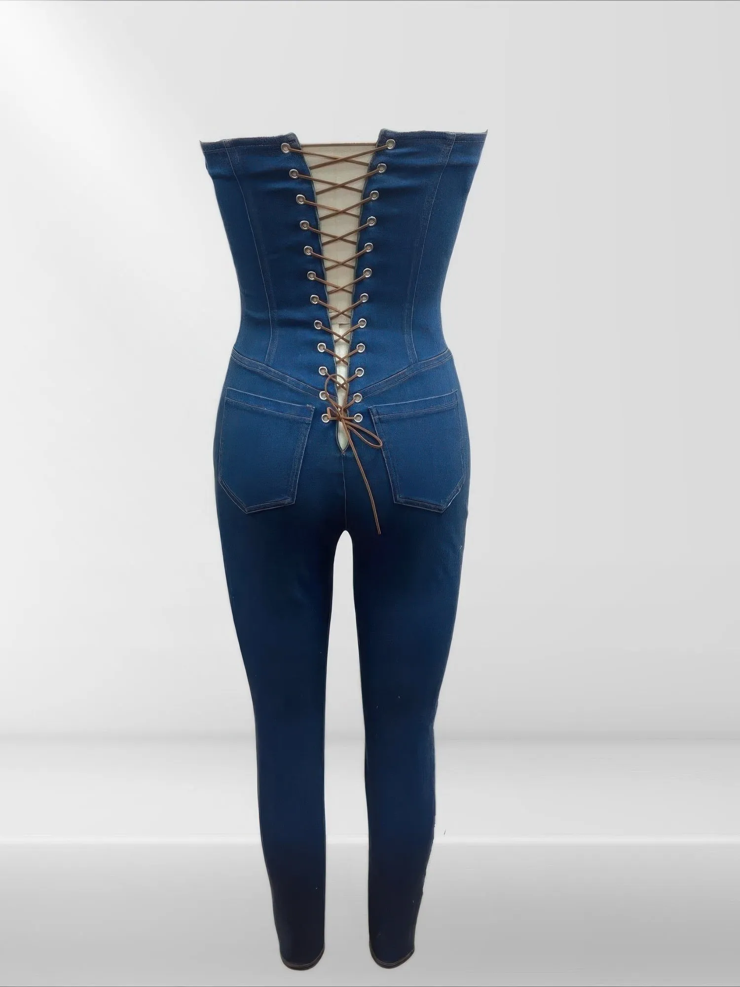 Strapless Denim Jumpsuit With Lace Up Back