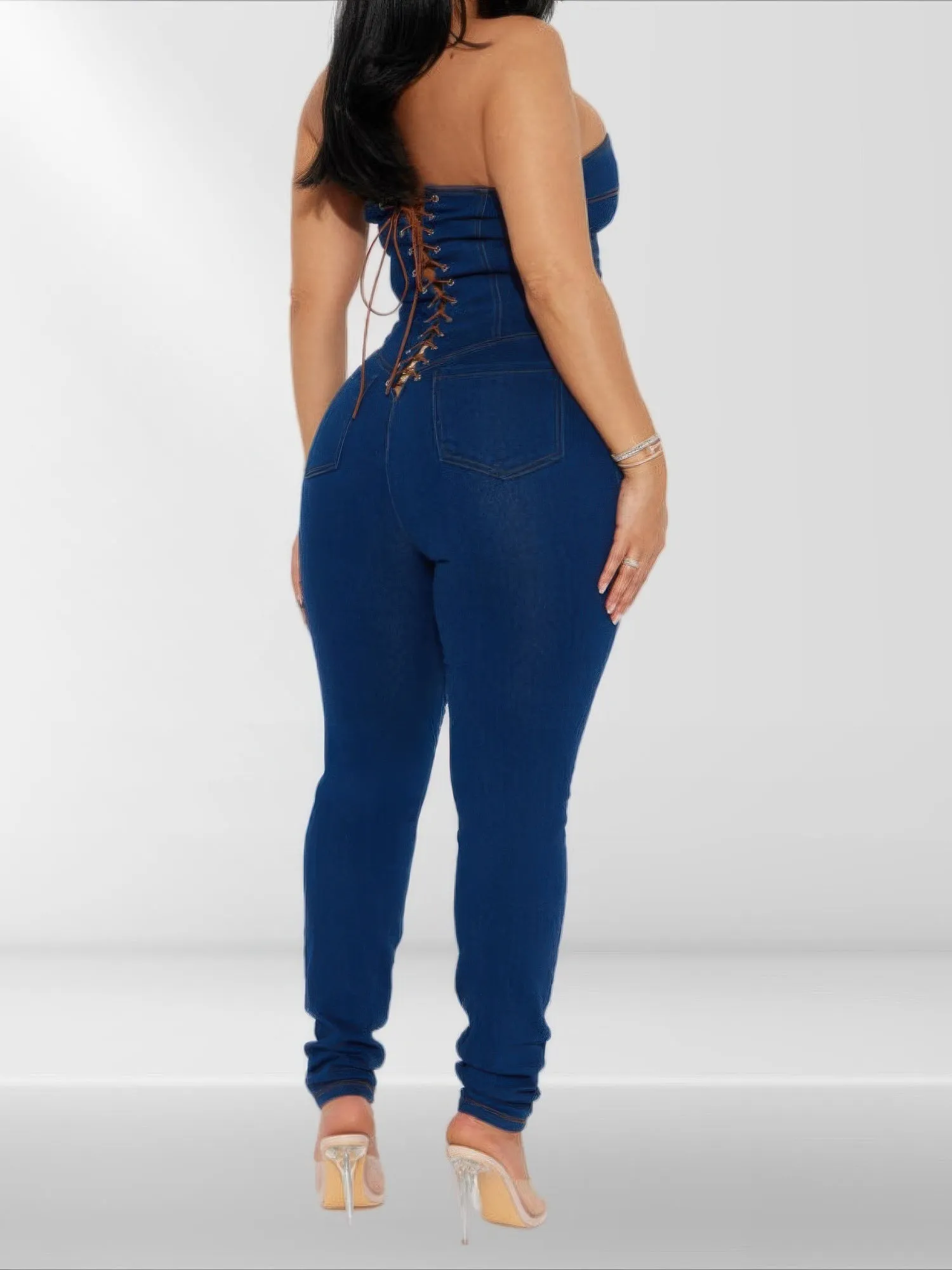 Strapless Denim Jumpsuit With Lace Up Back