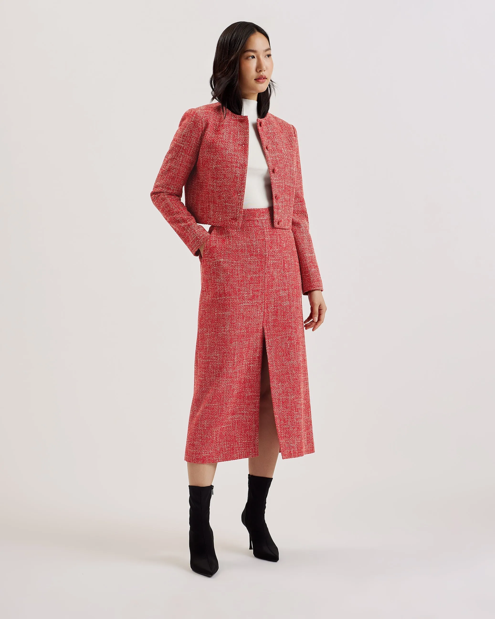 Sumis Boucle Midi Skirt With Centre Front Slit Red