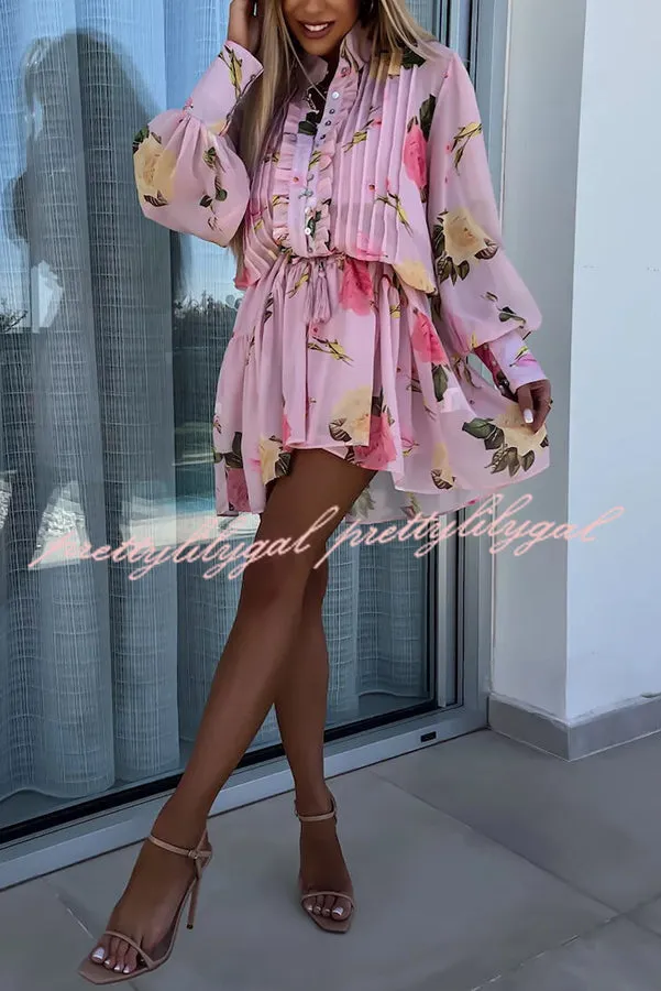 Sunset and Dreams Floral Print Subtle Tuck Lantern Sleeve Belt Mini Dress