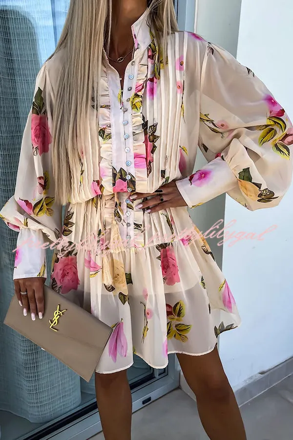 Sunset and Dreams Floral Print Subtle Tuck Lantern Sleeve Belt Mini Dress
