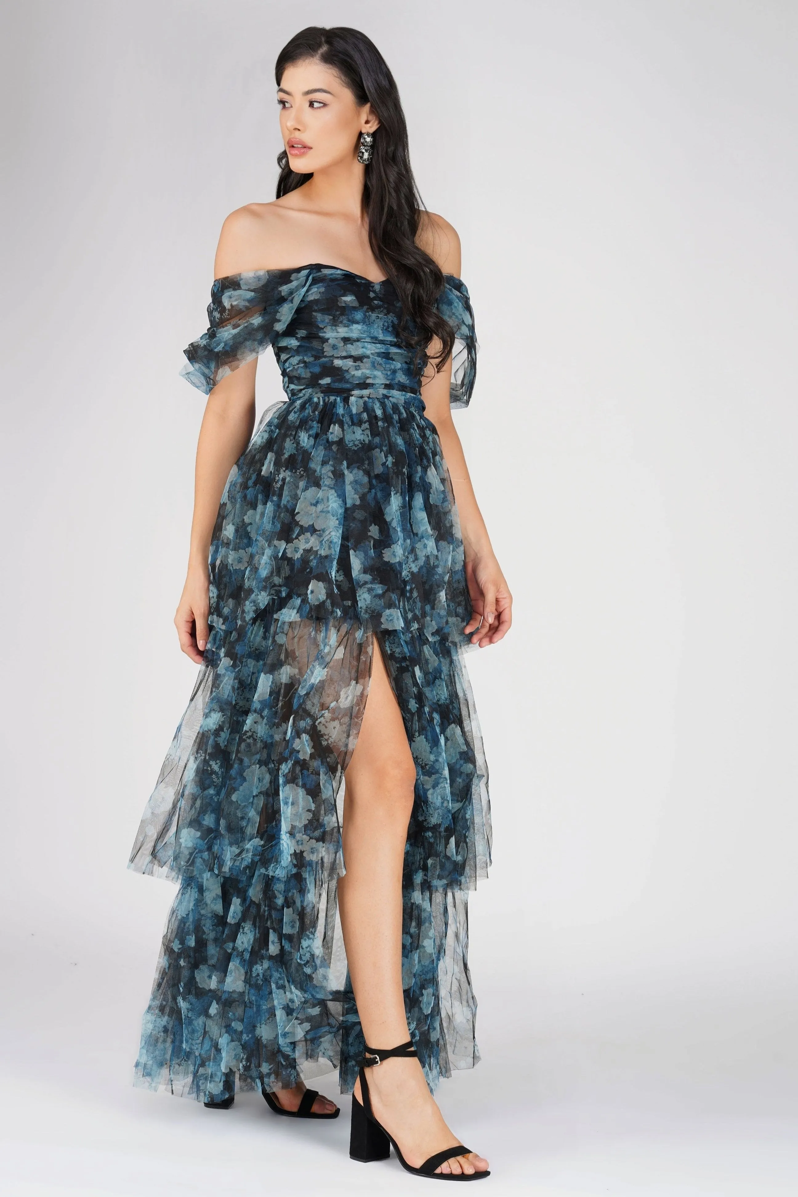 Sydney Tulle Maxi Dress in Blue Floral