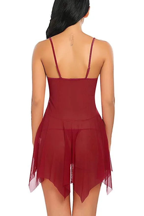 VenusFox Hot Selling Sexy Women Lingerie Transparent Short Mesh Hollow Sleepwear Spaghetti Strap Exotic Underwear Thong Set