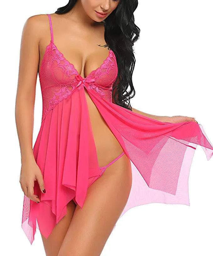 VenusFox Hot Selling Sexy Women Lingerie Transparent Short Mesh Hollow Sleepwear Spaghetti Strap Exotic Underwear Thong Set