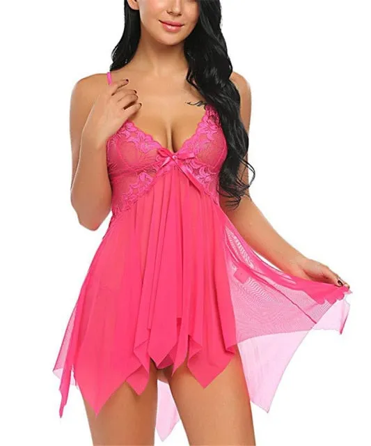 VenusFox Hot Selling Sexy Women Lingerie Transparent Short Mesh Hollow Sleepwear Spaghetti Strap Exotic Underwear Thong Set