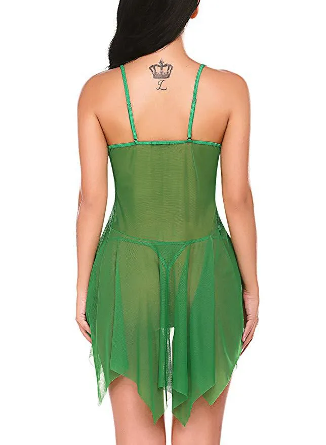 VenusFox Hot Selling Sexy Women Lingerie Transparent Short Mesh Hollow Sleepwear Spaghetti Strap Exotic Underwear Thong Set