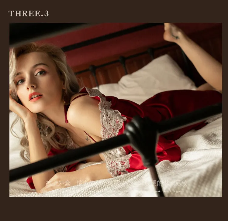 VenusFox Large Size Lingerie Lace Suspender Nightdress Tempts V-neck Backless Hot High Split Ice Silk Sexy Nightgown Woman