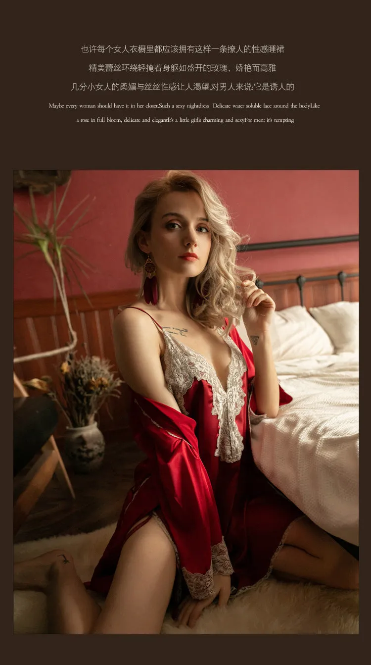 VenusFox Large Size Lingerie Lace Suspender Nightdress Tempts V-neck Backless Hot High Split Ice Silk Sexy Nightgown Woman