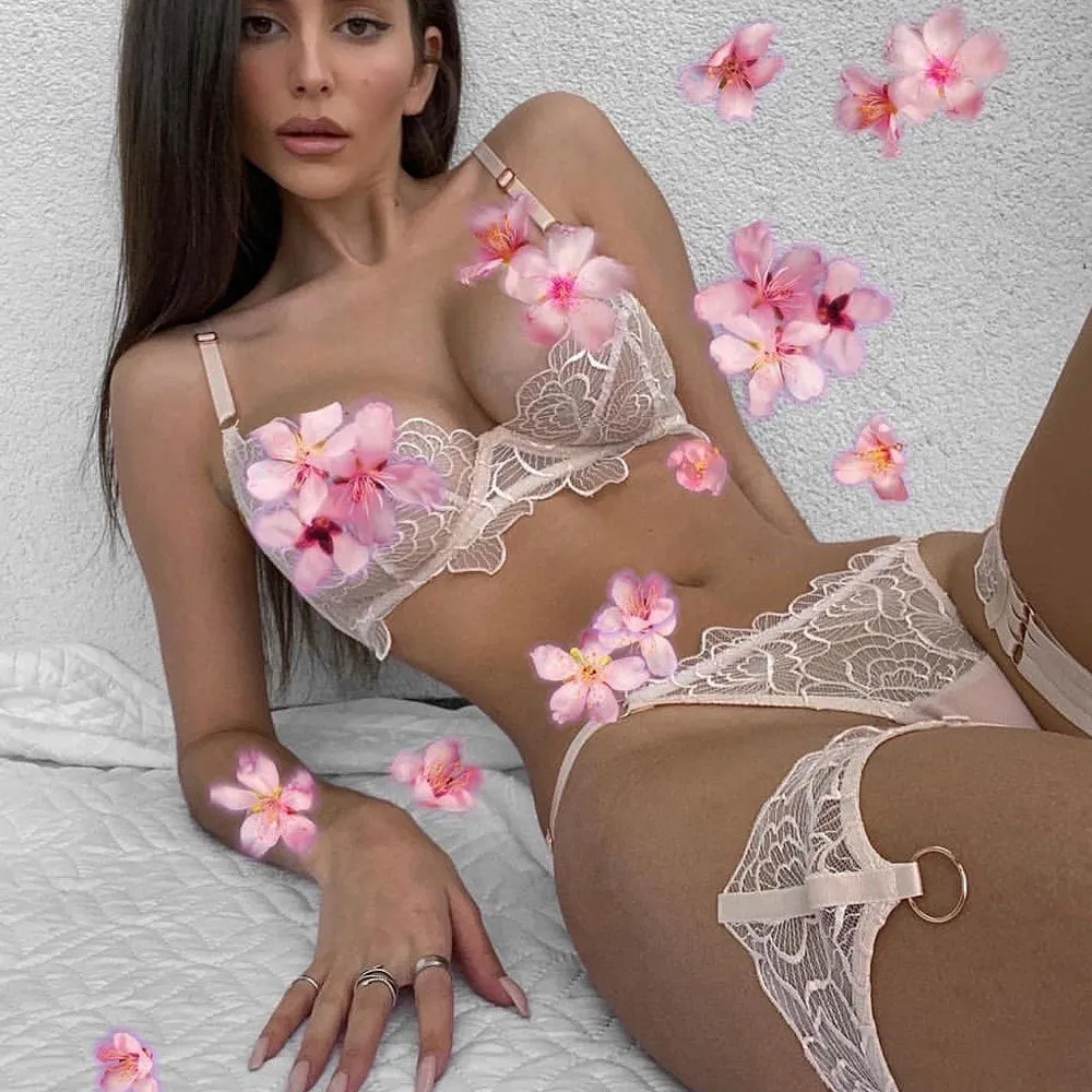 VenusFox Women's Floral Sexy Lingerie 3PCS Suit Steel Bra and Thong Underwear Suit Lace Mesh Stitching Transparent Sexy Underwear