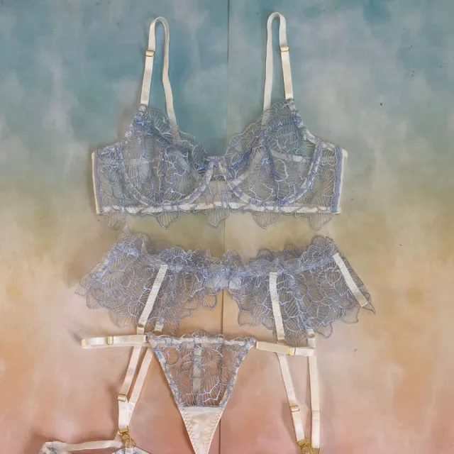 VenusFox Women's Floral Sexy Lingerie 3PCS Suit Steel Bra and Thong Underwear Suit Lace Mesh Stitching Transparent Sexy Underwear