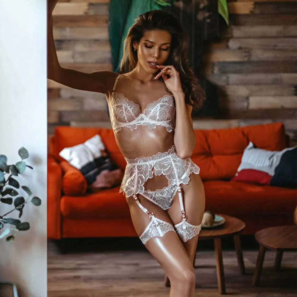 VenusFox Women's Floral Sexy Lingerie 3PCS Suit Steel Bra and Thong Underwear Suit Lace Mesh Stitching Transparent Sexy Underwear