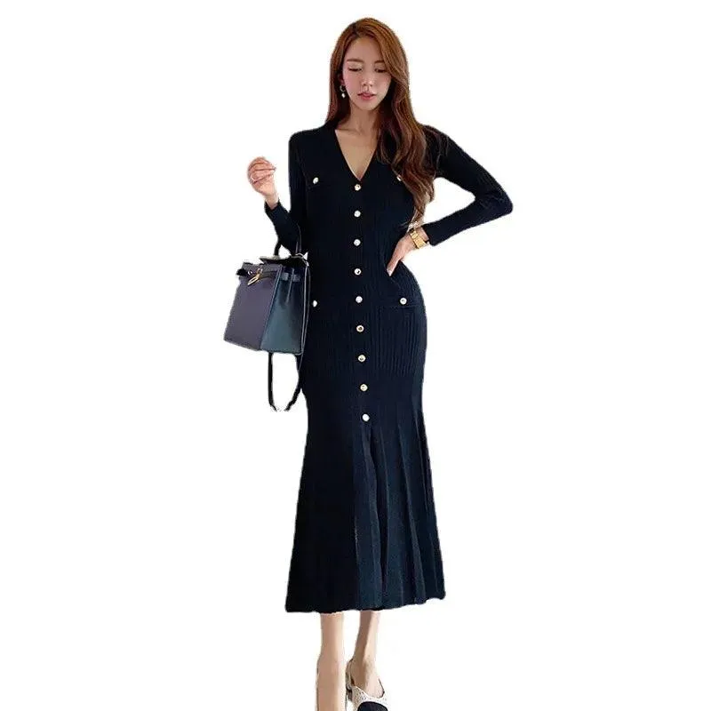 Vintage Korean Maxi Dress: Chic Mermaid Style for Autumn Elegance