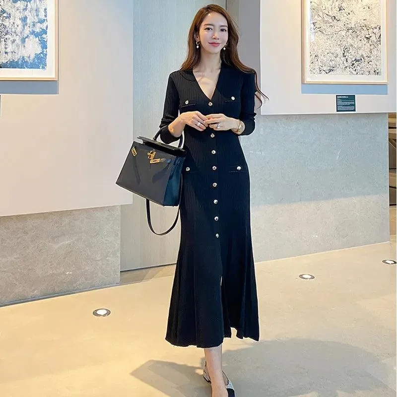 Vintage Korean Maxi Dress: Chic Mermaid Style for Autumn Elegance