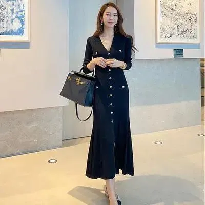 Vintage Korean Maxi Dress: Chic Mermaid Style for Autumn Elegance