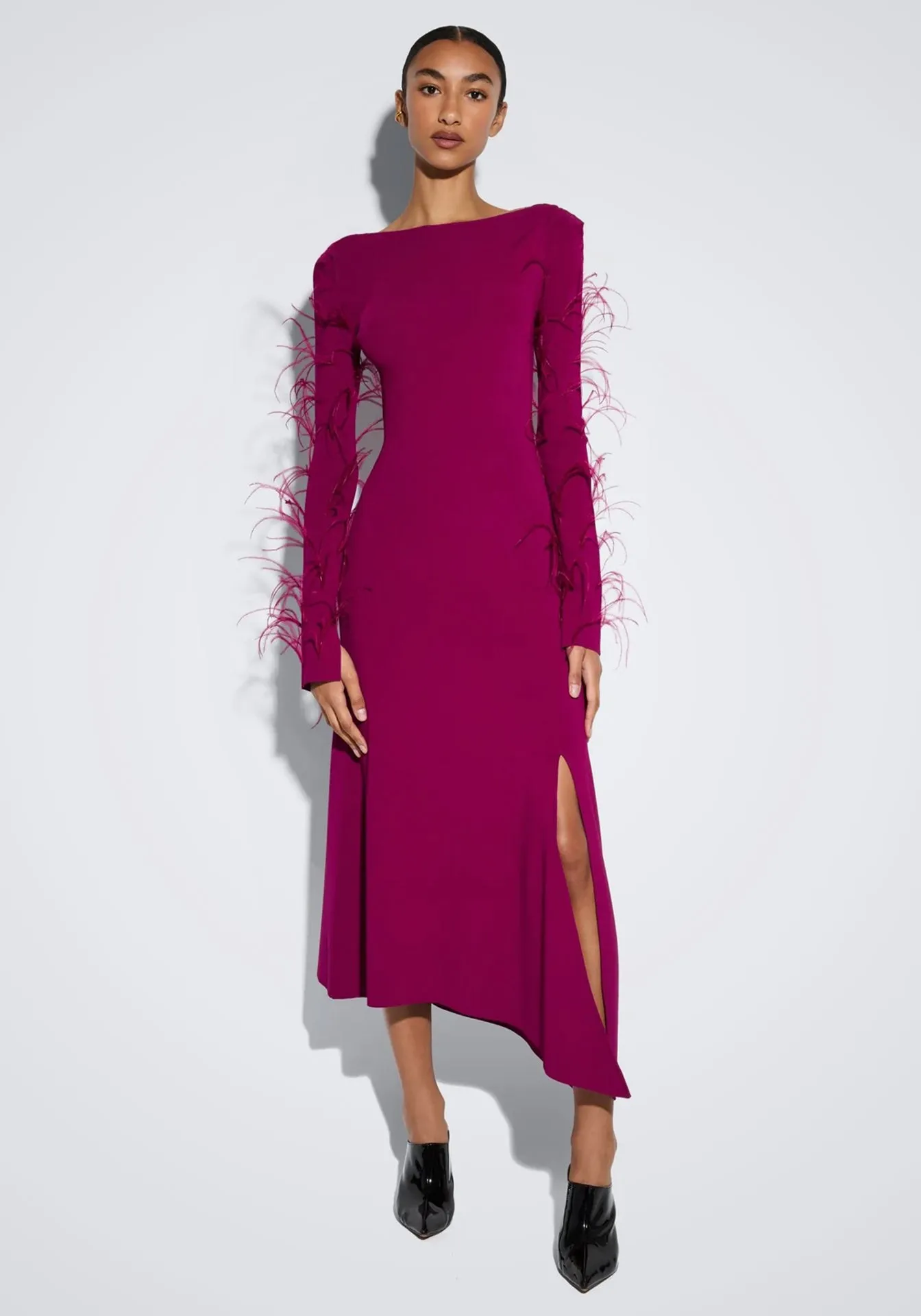 Viscose Boatneck Dress With Feathers
