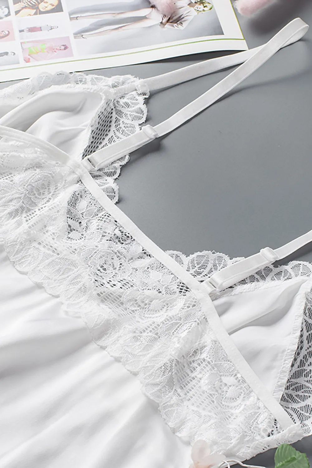 White Lace Hollow Out Satin Babydoll