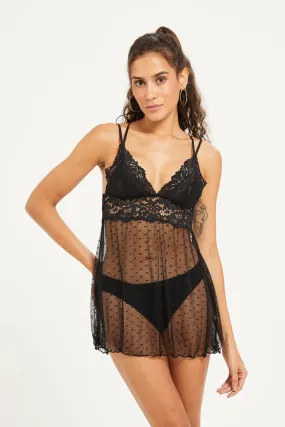 Women Black Mesh Embellished Babydoll