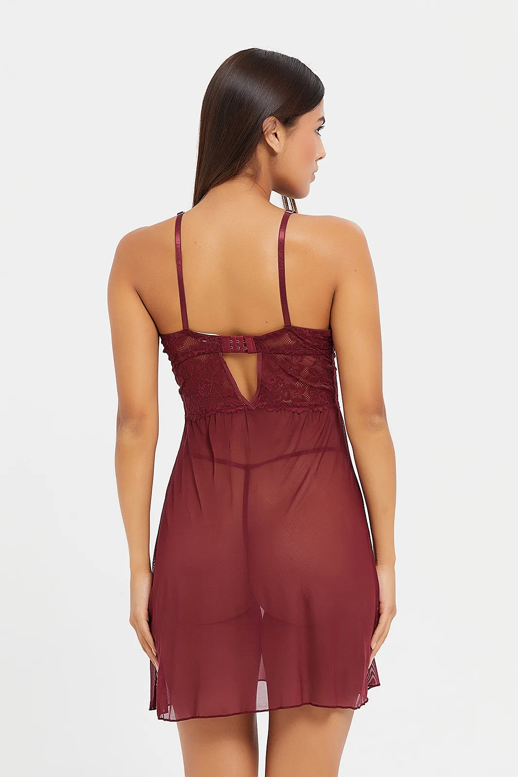 Women Burgundy Babydoll With Thong (2 Piece)