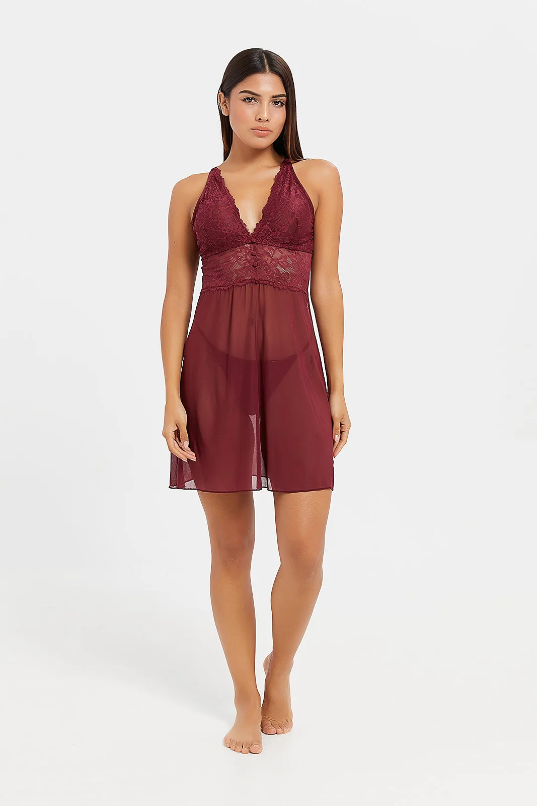 Women Burgundy Babydoll With Thong (2 Piece)