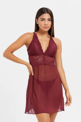 Women Burgundy Babydoll With Thong (2 Piece)