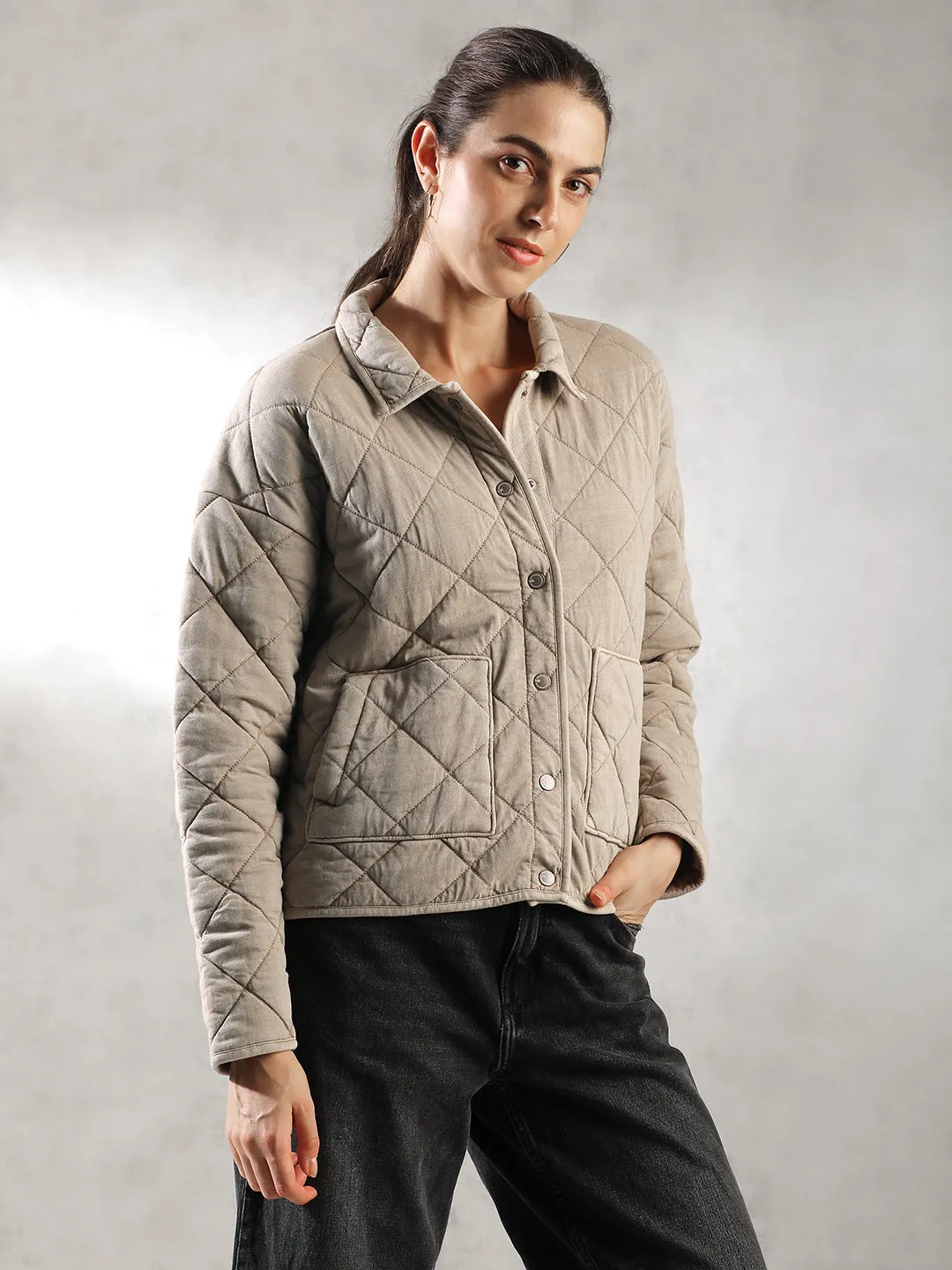 Women Khaki Oversized Quilted Jacket