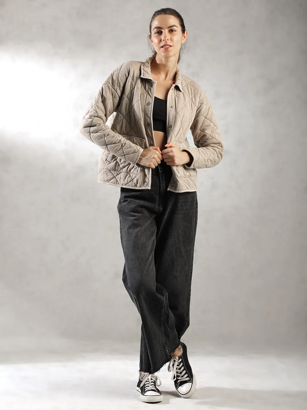 Women Khaki Oversized Quilted Jacket