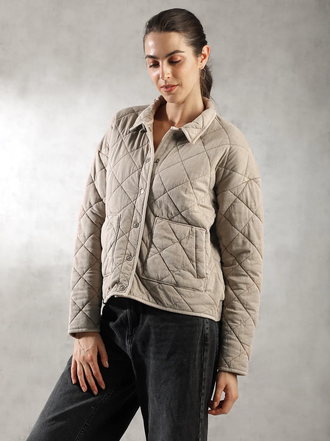 Women Khaki Oversized Quilted Jacket