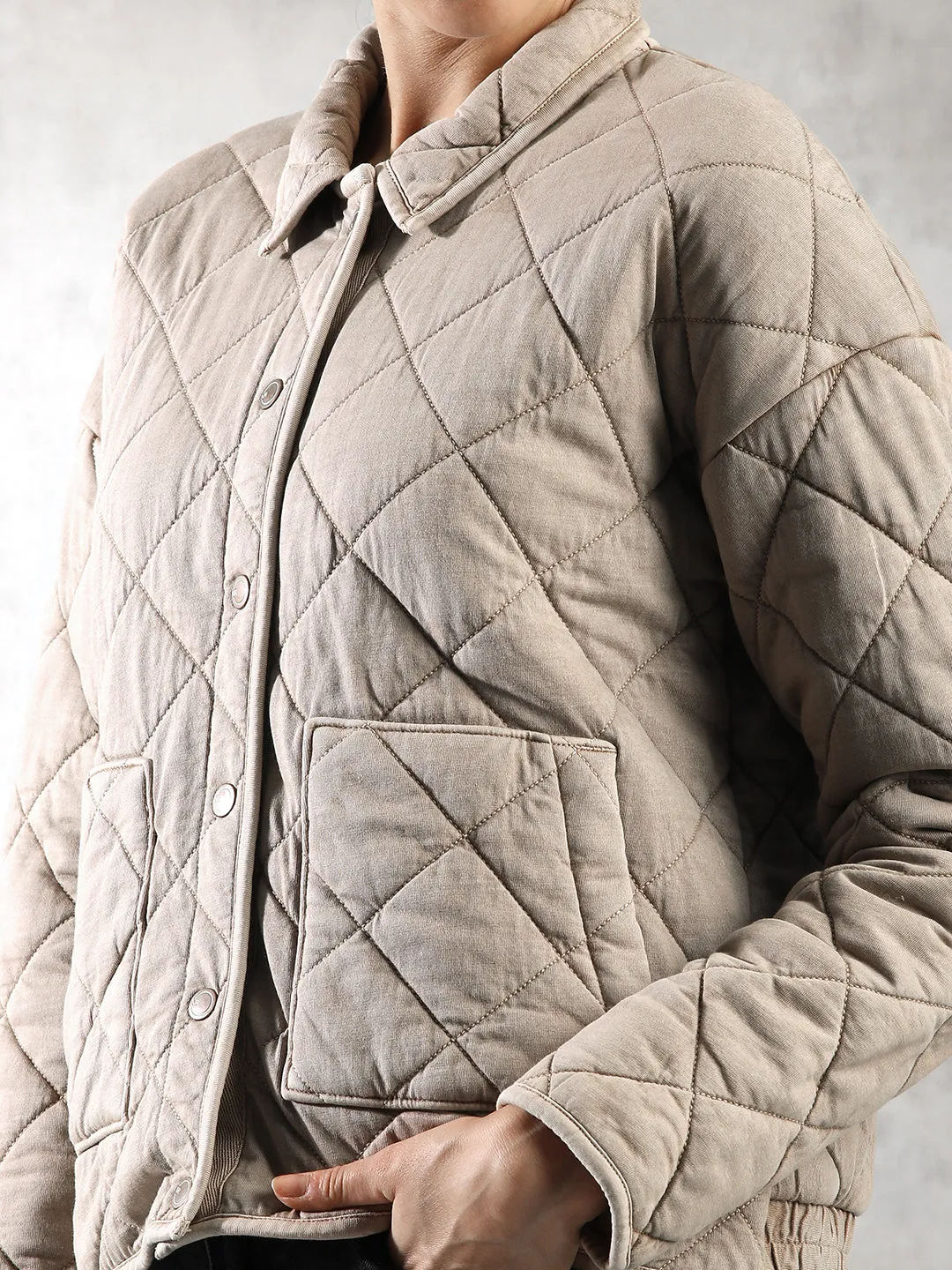 Women Khaki Oversized Quilted Jacket