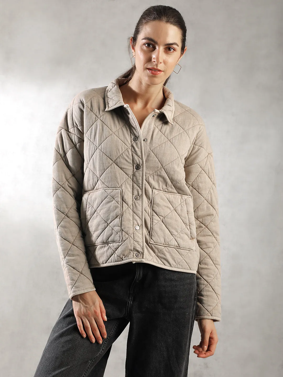Women Khaki Oversized Quilted Jacket