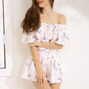Women Off Shoulder Floral Print Casual Jumpsuit