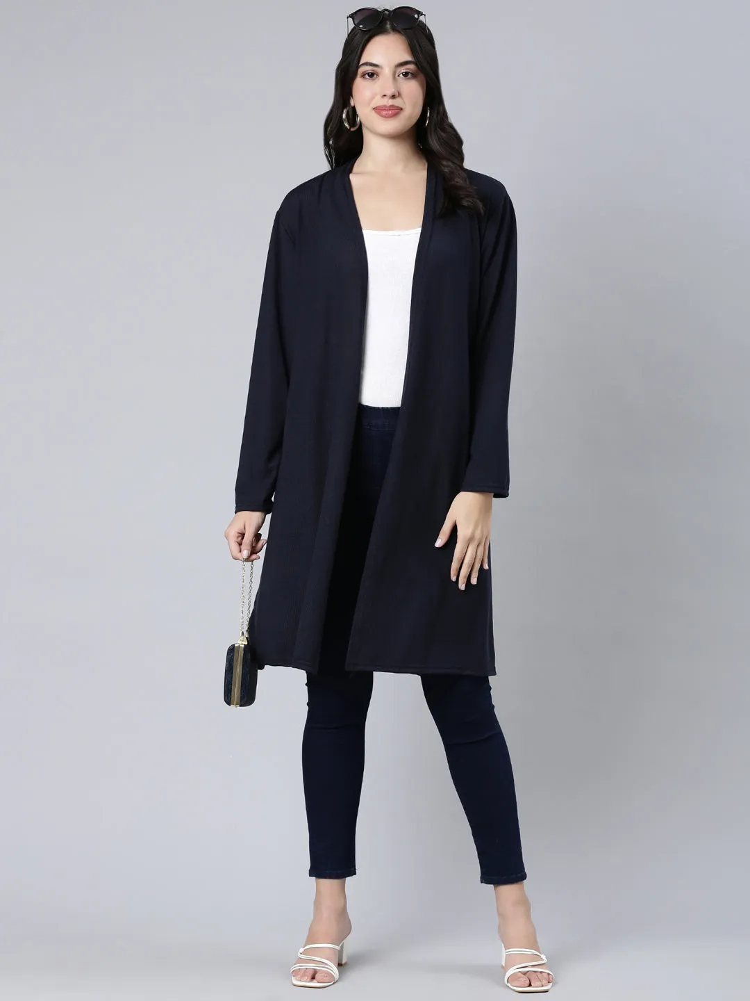 Women Solid Navy Blue Shrug