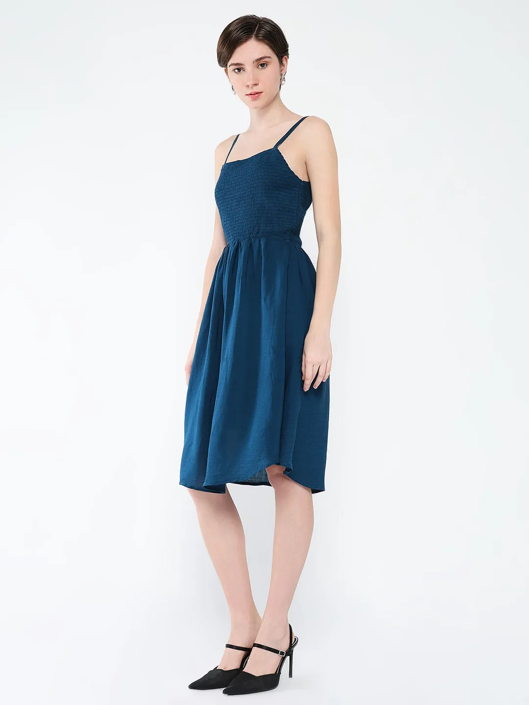 Women Solid Teal Fit and Flare Dress with Shrug