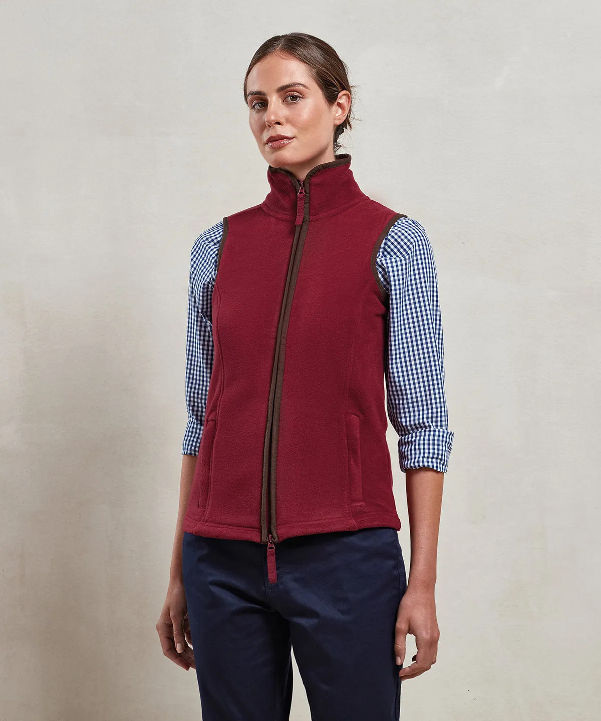 Womens artisan fleece gilet | Moss Green/Brown
